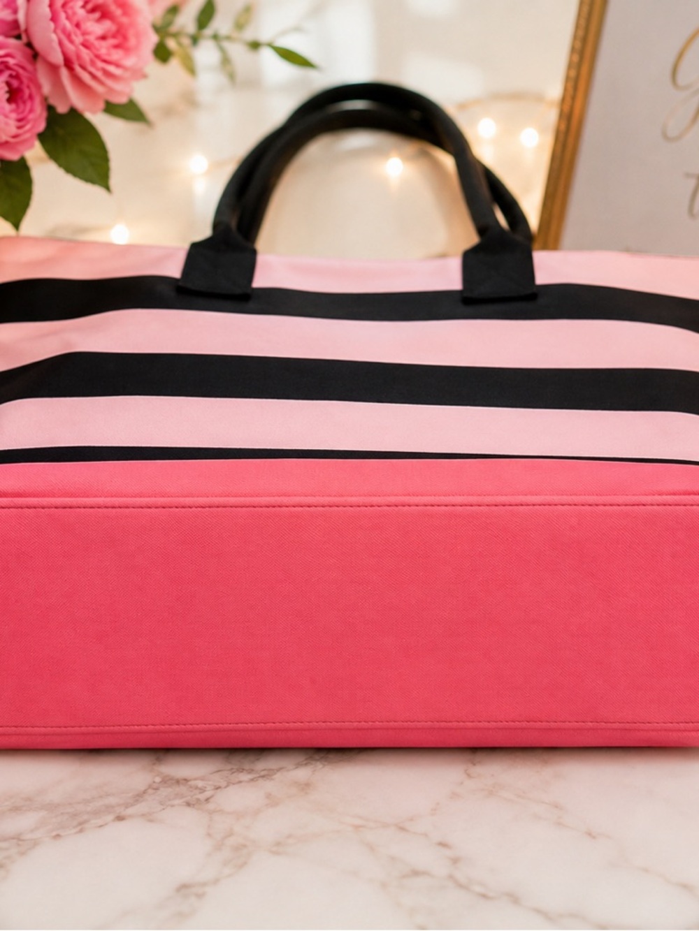 Victoria’s Secret Pink Black Striped Tote Bag Large Carryall Beach Y2K - Picture 4 of 5